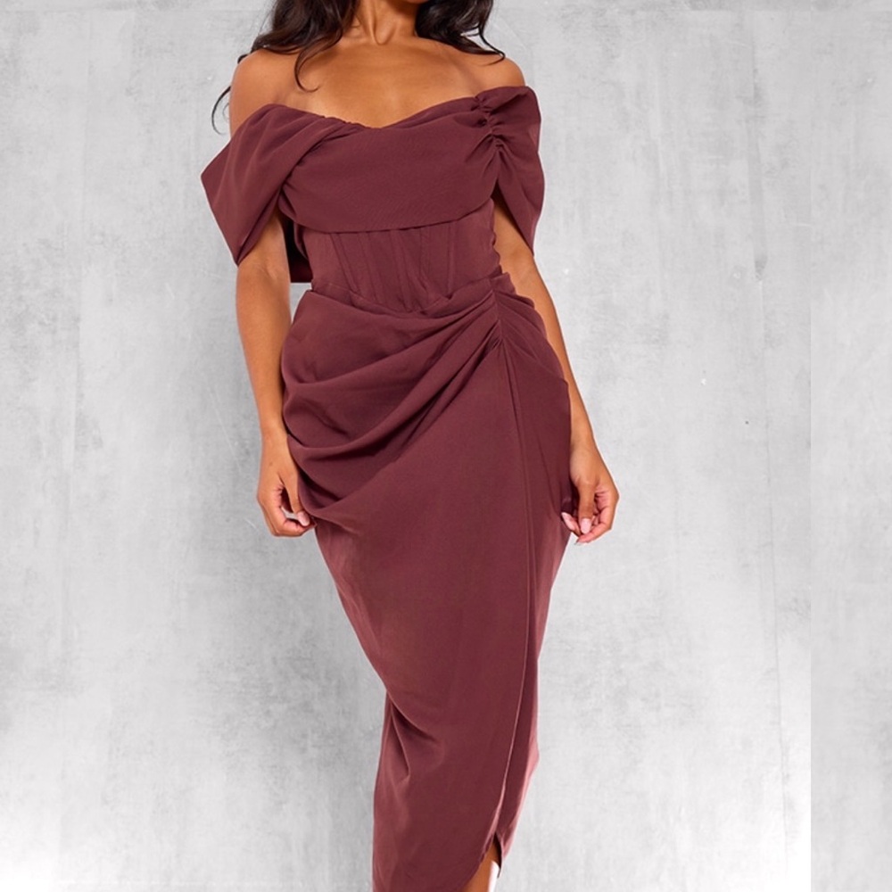 PrettyLittleThing Off-Shoulder Draped Midi Dress in Burgundy